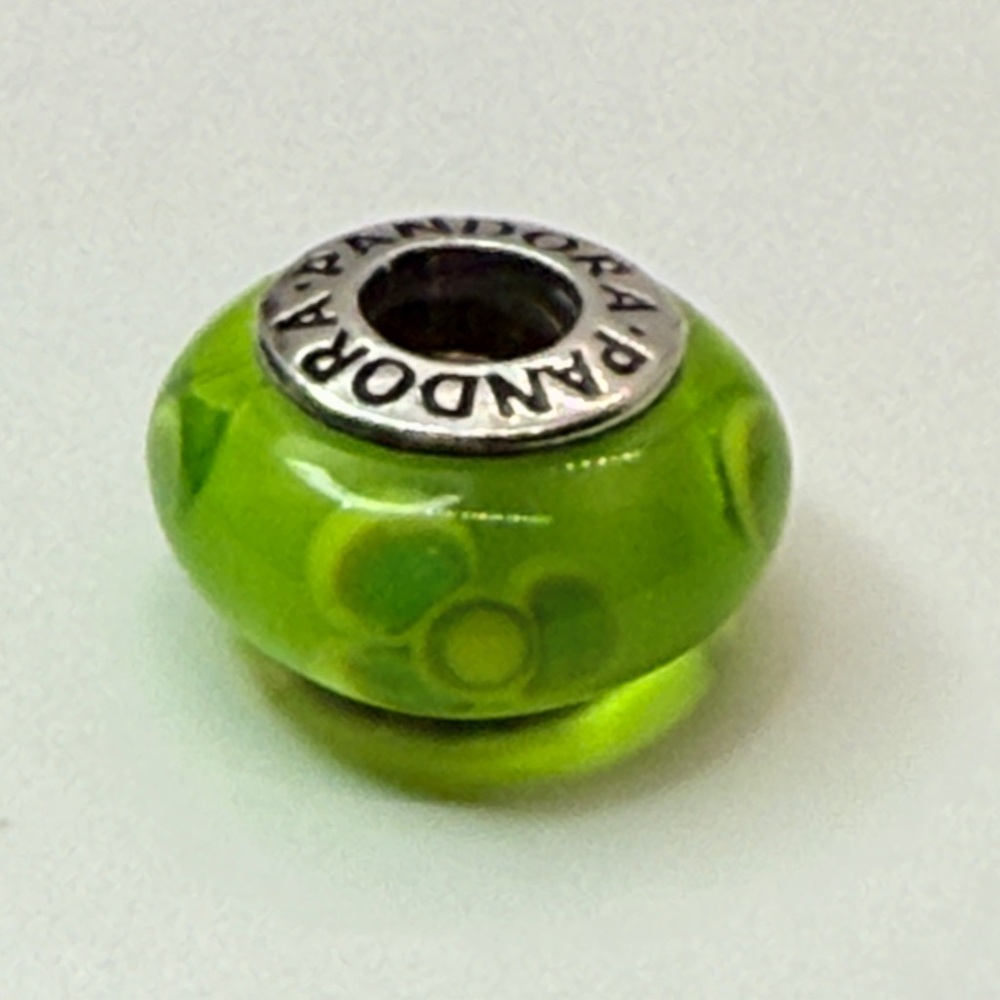 Pandora Retired Lime Green Floral Murano Glass Charm 925 ALE